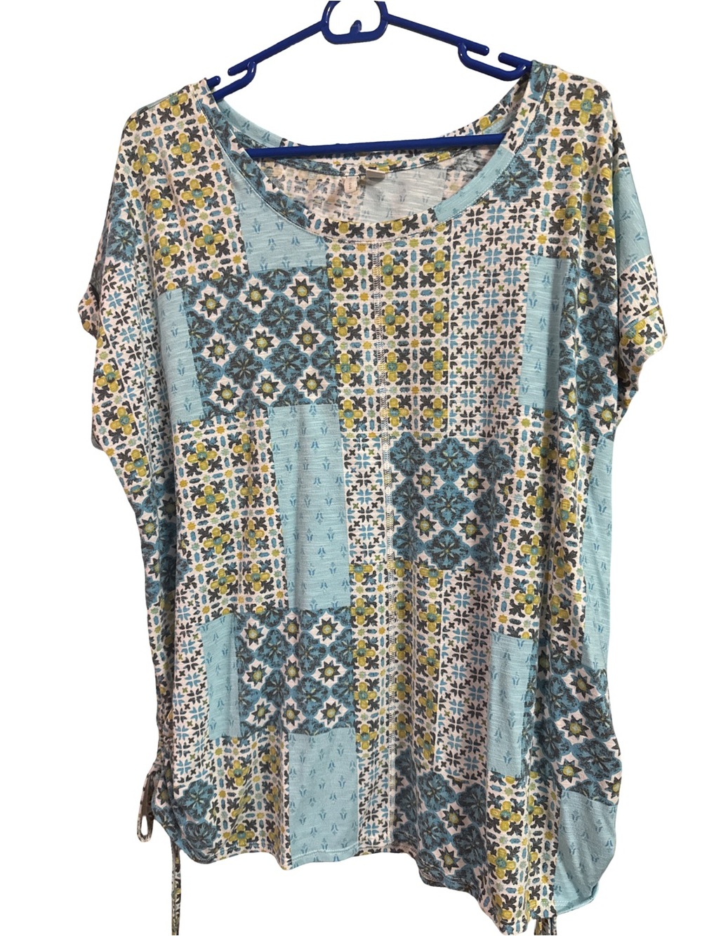 Cato Light Blue Patchwork-Style Short Sleeve Tee with Yellow Accents